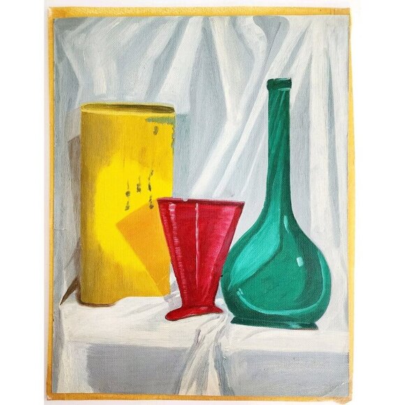 1960s Folk Art Colorful Still Life Oil Painting of Geometric Glass Shapes DWJJ4 - Picture 2 of 2